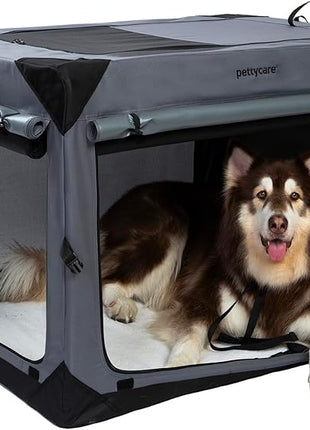 Pettycare 42 Inch Collapsible Dog Crate with Curtains Travel Dog Crate for Airflow and Calm Soft Pet Kennel with Portable Bag and More Chew Proof Mesh Indoor & Outdoor Grey 4 Door Curtains