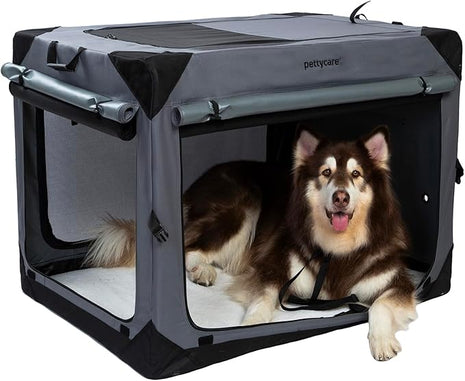 Pettycare 42 Inch Collapsible Dog Crate with Curtains Travel Dog Crate for Airflow and Calm Soft Pet Kennel with Portable Bag and More Chew Proof Mesh Indoor & Outdoor Grey 4 Door Curtains