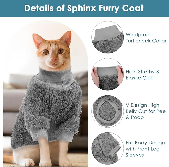 SUNFURA Sphynx Cat Sweater, Hairless Cats Turtleneck Pullover Kitten Sweaters for Cats Only, Warm and Soft Cat Pajamas Shirt with Sleeves Pet Winter Clothes Fleece Jumpsuit for Puppy, Grey L