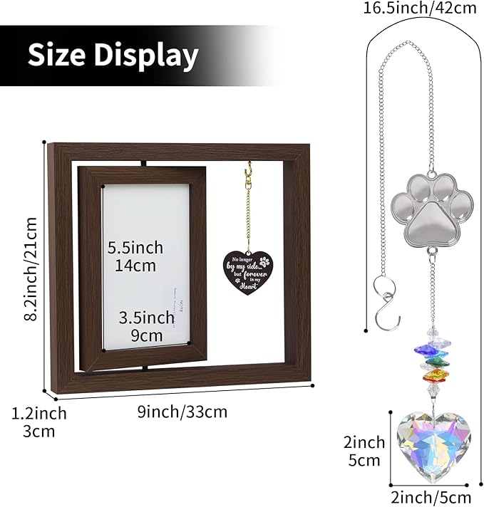 Dog Memorial Gifts for Loss of Dog Wooden Picture Frames for 4x6 Photos，2 Inch Color-Heart Shape Crystal Suncatcher, Pet Memorial Gifts for Dogs Bereavement Sympathy Gifts