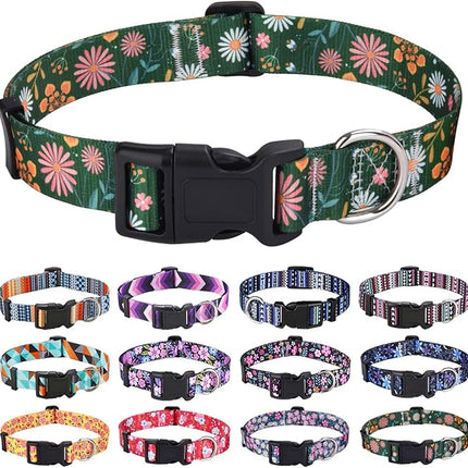 Dog Collar with Bohemia Floral Tribal Geometric Patterns - Soft Ethnic Style Collar Adjustable for Small Medium Large Dogs(Dark Green Flower,XS)