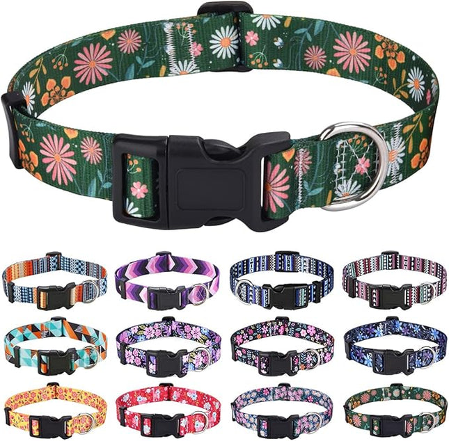 Dog Collar with Bohemia Floral Tribal Geometric Patterns - Soft Ethnic Style Collar Adjustable for Small Medium Large Dogs(Dark Green Flower,XS)