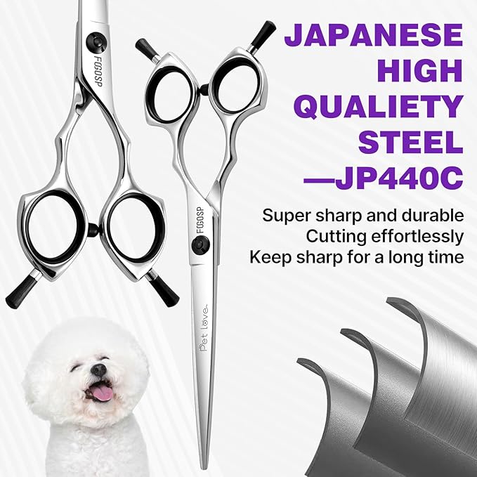 Straight Grooming Scissors for Dogs at Home 6.5 in Professional Dog Hair Scissor Trimming Small Dogs Pet Cat Shears Japan 440C Symmetric Handle Light Weight for Cutting Body Leg Hairs(6.5)