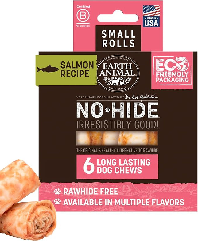 Earth Animal No Hide Chews - Long Lasting Rawhide Free Small Dog Chews Rolls, Salmon - 6 Count