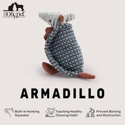 Hollypet Plush Dog Squeaky Toy Stuffed Armadillo Animal Pet Puppy Chew Toys with Clean Teeth for Small Medium Large All Breed Sizes Dogs, Light Gray and Dark Green,8 in