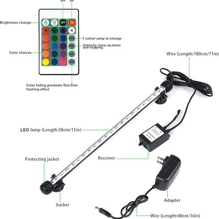 Fish Tank Light RGB LED Aquarium Lights, Underwater Waterproof Color Changing Submersible 16 Color 4 Modes Brightness Adjustable Memory Function Sucker Hang Lighting Strip, 15 inch
