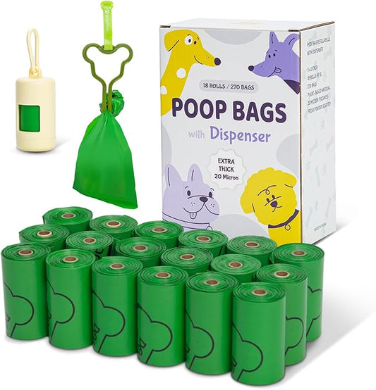 270 Count Scented Dog Poop Bags Rolls, 20 Micron Ultra Thick, Heavy Duty Tear Resistant Leak Proof for Yuck-Free Cleanup, Includes Dispenser & Leash Clip, 9 x 13 Inch, Pawsome Doodle (Green)