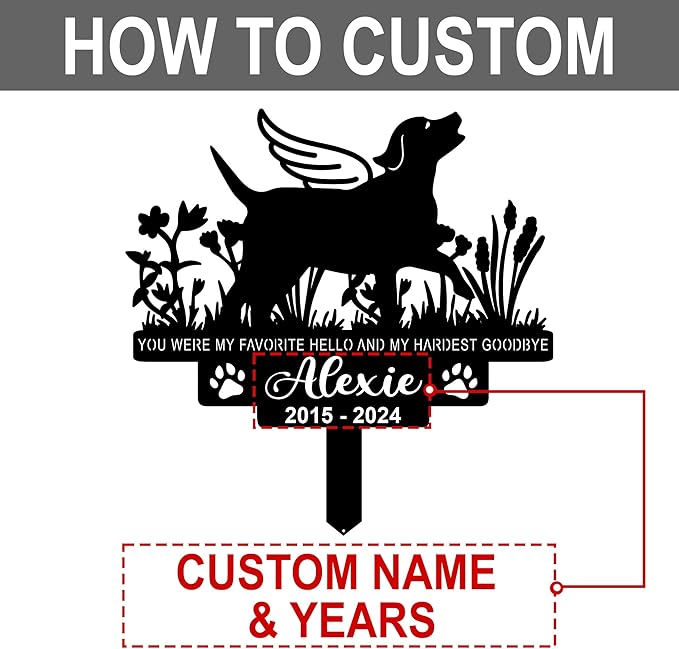 Personalized Dog Memorial Grave Marker, Custom Pet's Name Cemetery Decorations for Funerary, Metal Dog Burial Garden Stake, Outdoor Sympathy Angel Handstone Stake Plaque Gift for Loss