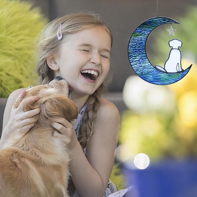 Dog Memorial Gifts for Loss of Dog Sympathy Gift, Stained Glass Dog Decor on Moon Window Hanging Suncatcher Pet Memorial Gifts Sympathy Pet Loss Gifts for Dog Lovers