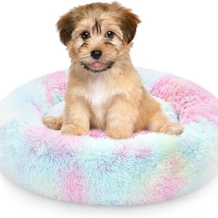 NOYAL Calming Donut Dog Bed for Small to Medium Dogs & Cats - Plush Faux Fur Anti-Anxiety Pet Bed with Machine Washable Cover & Non-Slip Base