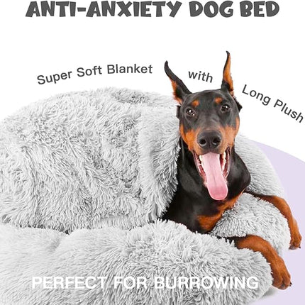 Himax Donut Dog Beds for Large Dogs with Blanket, Cozy Soft Fluffy Round Dogs Beds, Calming Dog Bed Washable (20"/26"/35") Light Grey