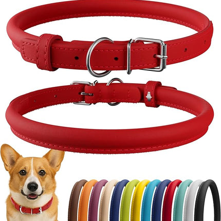 CollarDirect Rolled Leather Dog Collar, Soft Padded Round Puppy Collar, Handmade Genuine Leather Collar Dog Small Large Cat Collars 13 Colors (11-14 Inch, Red Smooth)