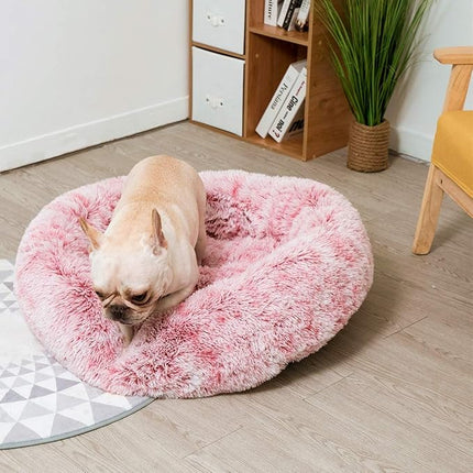 Coohom Oval Calming Donut Cuddler Dog Bed,Shag Faux Fur Cat Bed Washable Round Pillow Pet Bed(30"/36"/43") for Small Medium Dogs (XXL(43"x34"x8"), Red)