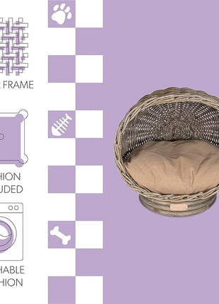 CBD1001A Socket Dome 19.5" x 17" Bohemian Handwoven Rattan Cat Bed with Machine-Washable Cushion, Kubu Gray