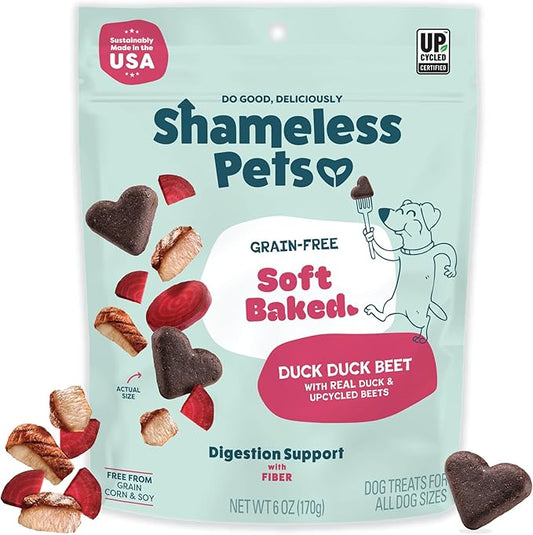 Shameless Pets Soft-Baked Dog Treats, Duck Duck Beet - Natural & Healthy Dog Chews for Digestive Support with Fiber - Dog Biscuits Baked & Made in USA, Free from Grain, Corn & Soy - 1-Pack