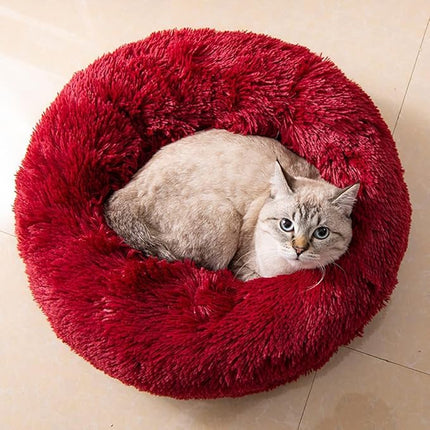 Cat Beds for Indoor Cats - Cat Bed Washable 24 inches, Dog Beds for Small Medium Dogs, Anti Anxiety Round Fluffy Plush Faux Fur Cat Bed, Thick Bottom (Red, Large 24" L x 24" W)