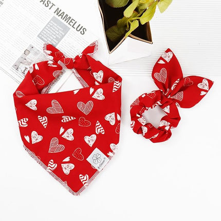E-Clover Valentines Red Heart Dog Bandanas & Matching Scrunchie Set Cute Girl Dog Scarf Bibs Pet Bandana with Bow Tie for Small Dogs Puppy Owner Mom