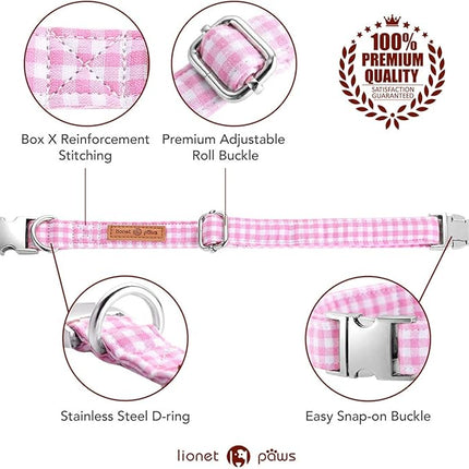 Lionet Paws Dog Collar with Bowtie, Comfortable Adjustable Cute Pink Gingham Bow Tie Collar for Female Puppies and Cats Gift, XS, Neck 8-12 inches