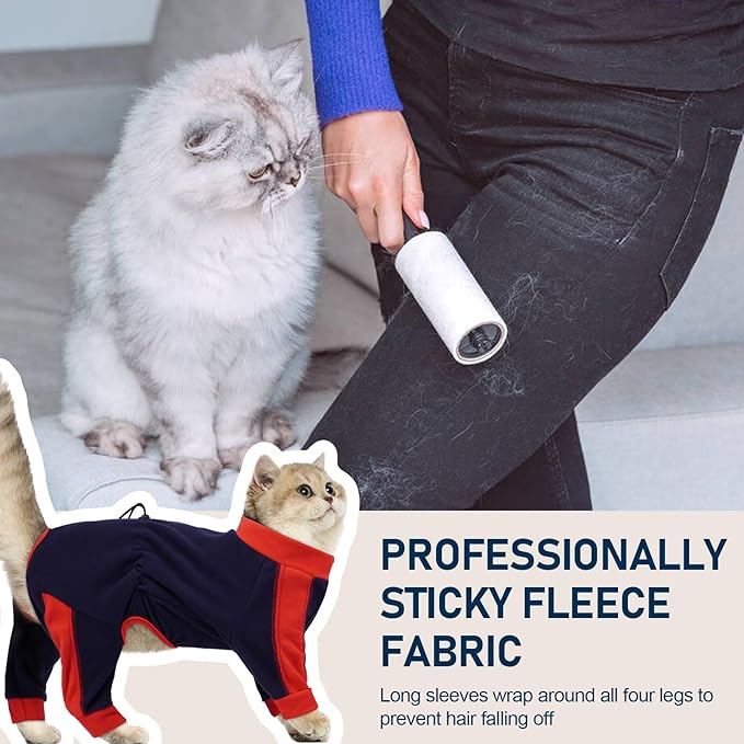 Cat Pajamas for Cats Only, Sticky Hair Cat Clothes, Long Sleeve Sphynx Clothes, Anti-Licking or Skin Disease Recovery Suit for Female Cats, Kitten Onesie Pajamas, DarkBlue, L