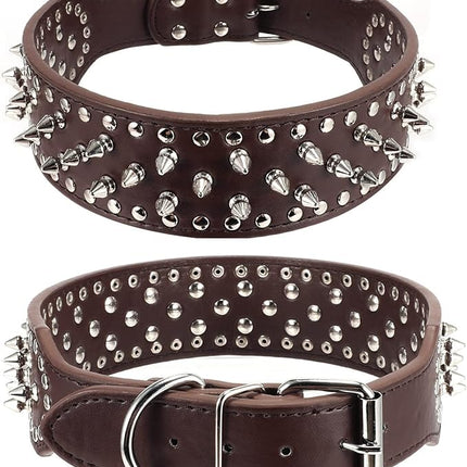 Hoot PU Leather Adjustable Spiked Studded Dog Collar 2" Wide 37 Spikes (M(Neck 19"-22"), Dark Brown)