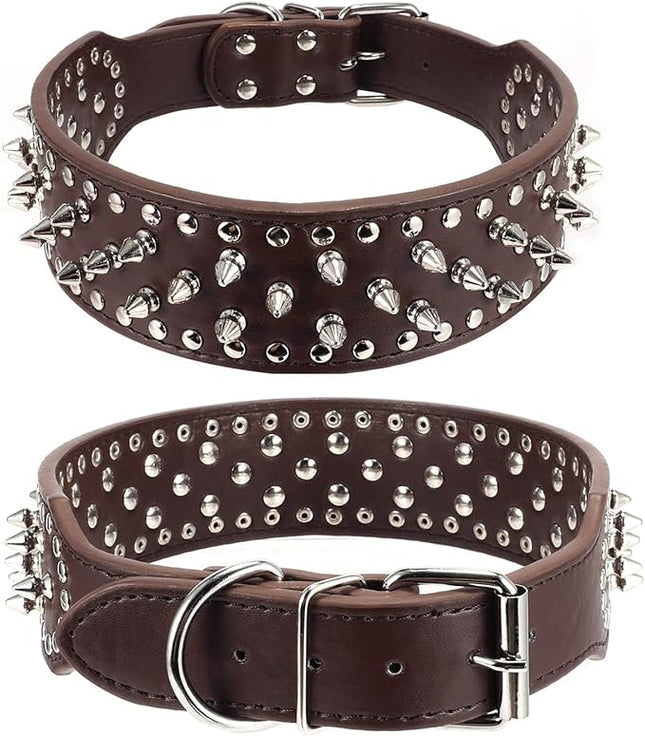 Hoot PU Leather Adjustable Spiked Studded Dog Collar 2" Wide 37 Spikes (M(Neck 19"-22"), Dark Brown)