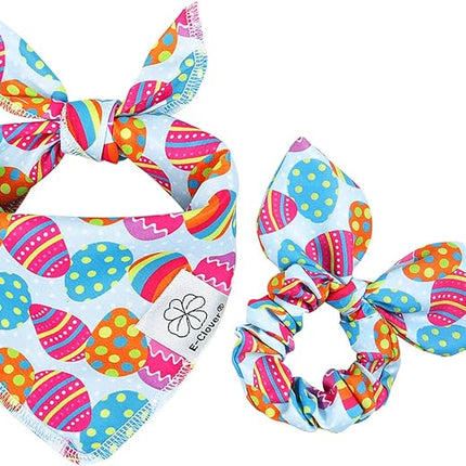 E-Clover Easter Dog Bandana & Matching Scrunchie Set Egg Dog Bandanas Scarf with Bunny Hair Tie for Small Puppy Dogs Pet Owner