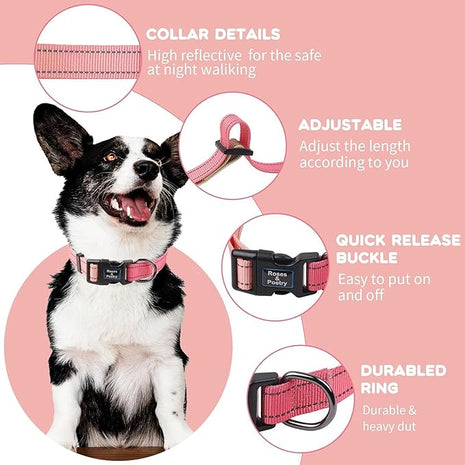 Roses&Poetry Large Reflective Female Collar with Pink Gradient Color, Adjustable Durable Dog Collar for Small Medium Large Dogs