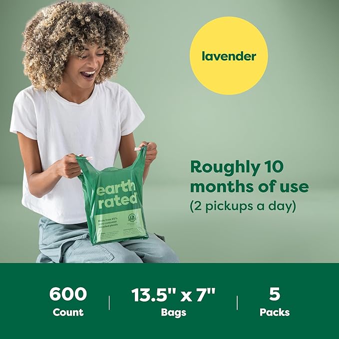 Earth Rated Dog Poop Bags with Handles Value Pack, Easy Tie and Guaranteed Leakproof, Lavender Scented, 600 Handle Bags