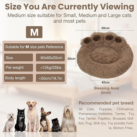 Calming Dog Bed Cat Bed Medium Size Dog - Donut Washable Medium Pet Bed, Warm Kitten Nest 24 inches Anti-Slip Round Fluffy Plush Faux Fur Cat Bed, Fits up to 25 lbs Pets, (Classic Camel)