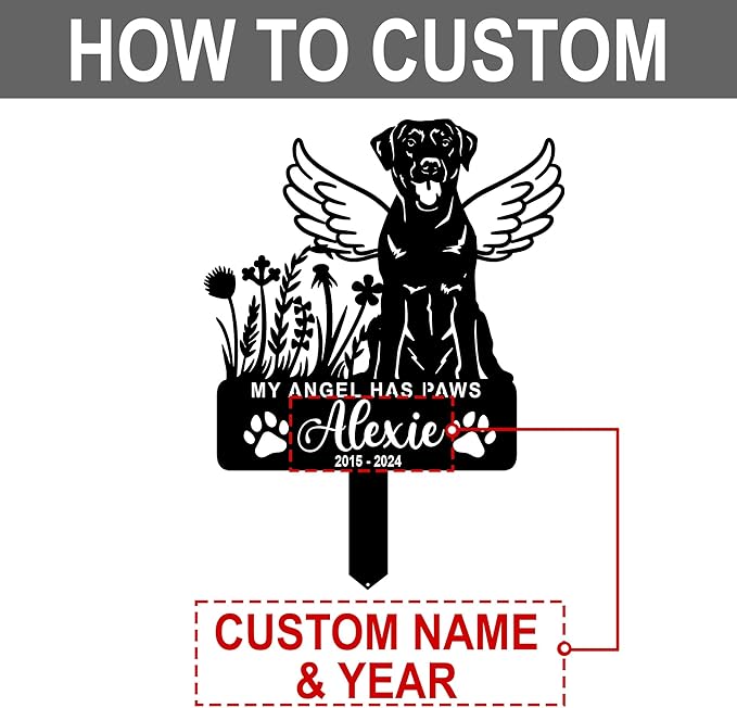 Personalized Dog Memorial Grave Marker, Custom Pet's Name Cemetery Decorations for Funerary, Metal Dog Burial Garden Stake, Outdoor Sympathy Angel Handstone Stake Plaque Gift for Loss