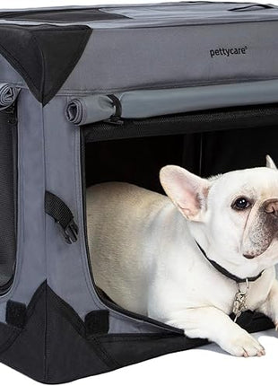 Pettycare 26 Inch Collapsible Dog Crate with Curtains Travel Dog Crate for Airflow and Calm Soft Pet Kennel with Portable Bag and More Chew Proof Mesh Indoor & Outdoor Grey 4 Door Curtains