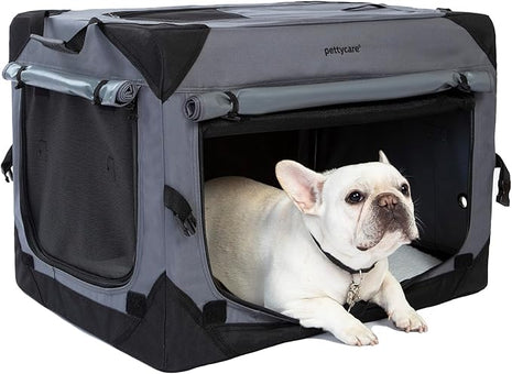 Pettycare 26 Inch Collapsible Dog Crate with Curtains Travel Dog Crate for Airflow and Calm Soft Pet Kennel with Portable Bag and More Chew Proof Mesh Indoor & Outdoor Grey 4 Door Curtains