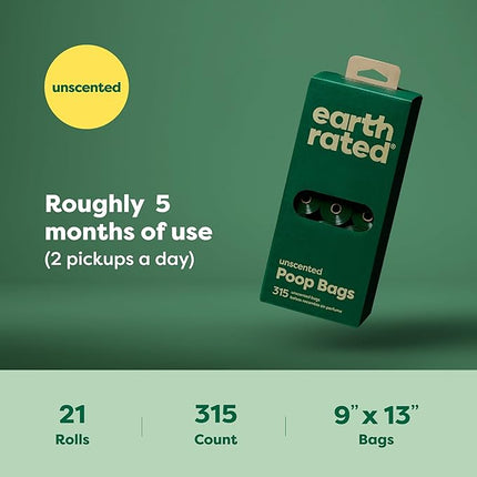 Earth Rated Dog Poop Bags, Guaranteed Leakproof and Extra Thick Waste Bag Single Refill Rolls for Dogs, Unscented, 315 Count