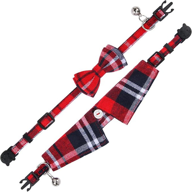 Faleela 2 Pack/Set Cat Collar with Cute Bow Tie and Bell,Breakaway Plaid Shirt Collar for Kitty Adjustable Safety