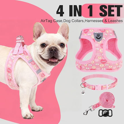 EXPAWLORER Small Dog Valentines Harness and Leash Set - Cute Puppy Harness Leash Dog Collar with AirTag Holder Silicone Case, Soft Padded Step in Pet Vest Reflective for Outdoor Walking, Heart M