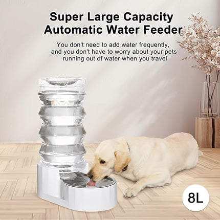 RIZZARI Large Gravity Water Dispenser: 8L Automatic Stainless Steel Dog Water Feeder with Specialized Brush and Triple Filter for Senior Pets with Spinal Problems - for Kitchen Living Room
