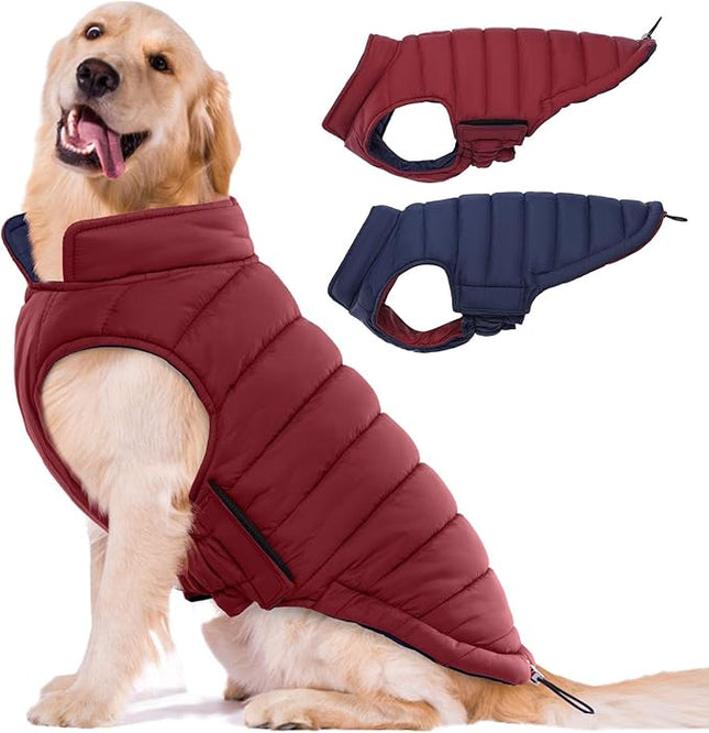 Lelepet Reversible Dog Coat Waterproof Dog Jacket Windproof Puffer Vest for Winter Warm Lightweight Coats for Large Dogs Adjustbale Hook & Loop Pet Apparel with Leash Hole, Golden Retriever, 3XL
