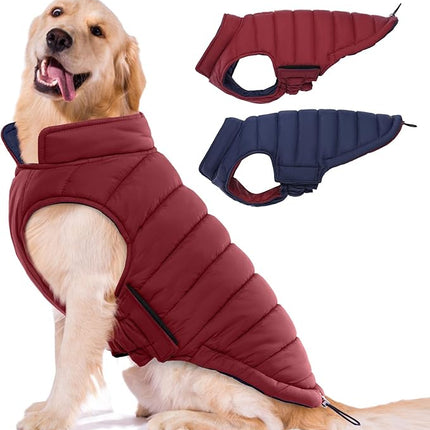 Lelepet Reversible Dog Coat Waterproof Dog Jacket Windproof Puffer Vest for Winter Warm Lightweight Coats for Medium Dogs Adjustbale Hook & Loop Pet Apparel with Leash Hole, French Bulldog, Wine Red L