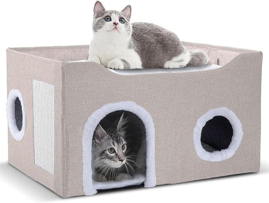 Cat House for Indoor Cats – Foldable Cat Cave & Covered Cat Bed, Cozy Hideaway for Small Pets and Large Cats (23.6"x16"x12.8"),Beige