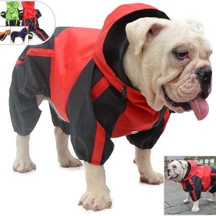 Lovelonglong American Bully Pitbull Dog Hooded Raincoat, Bulldog Rain Jacket Poncho Waterproof Clothes with Hood Breathable 4 Feet Four Legs Rain Coats for Pugs English French Bulldog Red B-L