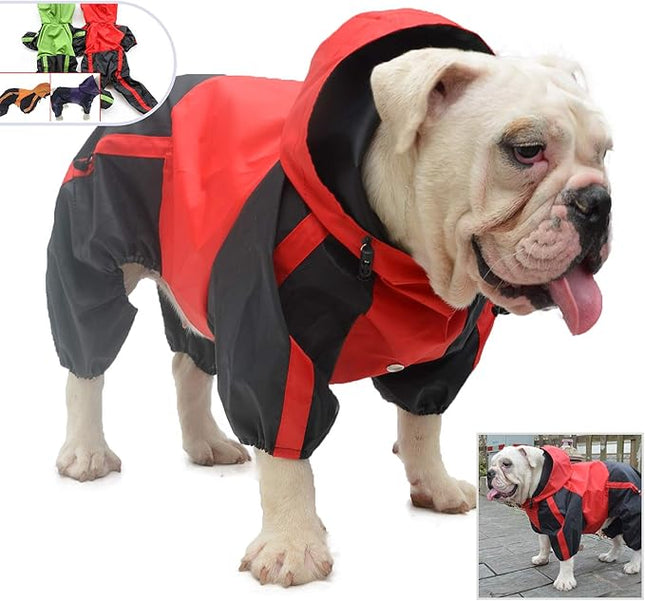 Lovelonglong American Bully Pitbull Dog Hooded Raincoat, Bulldog Rain Jacket Poncho Waterproof Clothes with Hood Breathable 4 Feet Four Legs Rain Coats for Pugs English French Bulldog Red B-L
