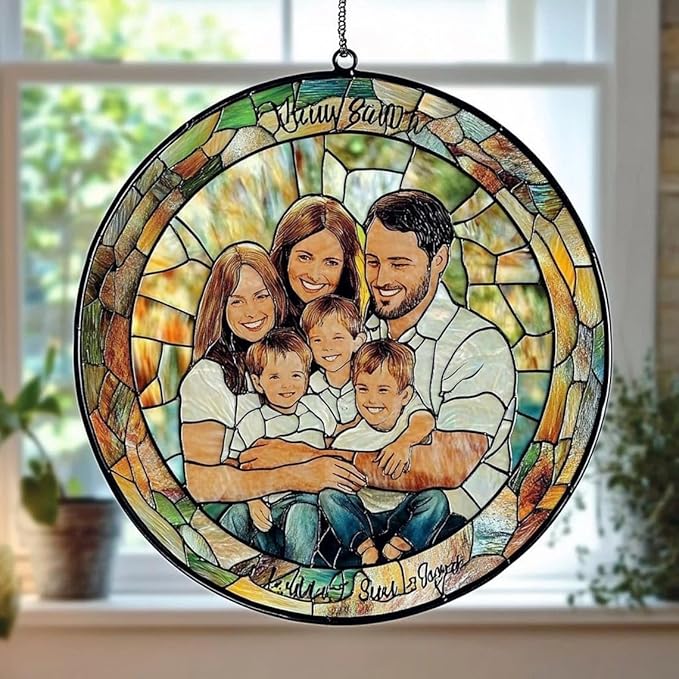 Custom Family Portrait Glass Suncatcher, Custom Portrait Stained Glass Suncatcher for Window Hanging, Gift for Dad, Personalized Family Portraits Stained Glasss Suncatchers, Memorial Gifts /15