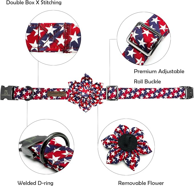 Lionheart glory American Flag Dog Collar 4 of July Dog Collars with Flower Independence Patriotic Dog Flower Collars Heavy Duty Adjustable Collar Flower for Small Dogs Pet Gift