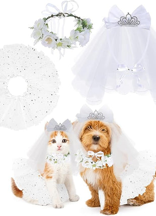 BINGPET Dog Wedding Outfit Dress,Doggy Cat Tutu Skirt with Dog Wedding Flower Collar and Crown Veil Set,Puppy Kitty Birthday Party Supplies,Dog Wedding Attire Bride Costume for Small Medium Dogs Cats
