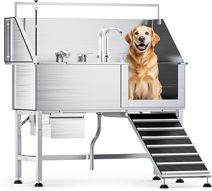 Dog Washing Station,Professional 56" Stainless Steel Dog Bathing Station for Large Dog Height Adjustable Dog Wash Station for Home Dog Grooming Tub With Drawer, Floor Grate & Fauct (Right Ramp)