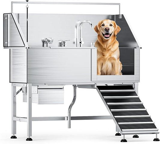 Dog Washing Station,Professional 56" Stainless Steel Dog Bathing Station for Large Dog Height Adjustable Dog Wash Station for Home Dog Grooming Tub With Drawer, Floor Grate & Fauct (Right Ramp)