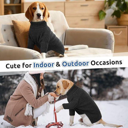 Queenmore Dog Turtleneck Long Sleeve Knitted Pet Sweater with Check Pattern - Fall Winter Warm Dog & Cat Sweater, Charcoal Gray XL