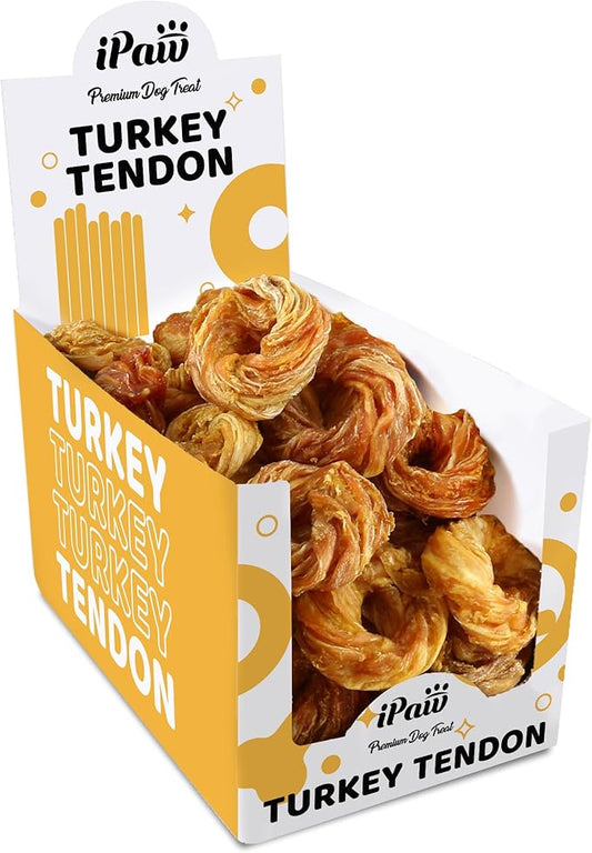 iPaw Turkey Tendons for Dogs 20 Pcs Bulk Pack, 100% Turkey and US Sourced Raw Material, Hypoallergenic, All Natural Human Grade Puppy Chew, Rawhide Alternative Dog Treats, Ring (Medium)