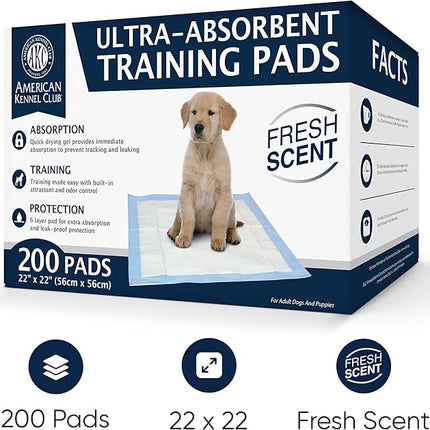 American Kennel Club Ultra Absorbent Odor Control Scented Training Pads for Dogs Leak-Proof Quick Dry Gel – 22 x 22 Puppy Pads - Fresh Scented - 200 Count