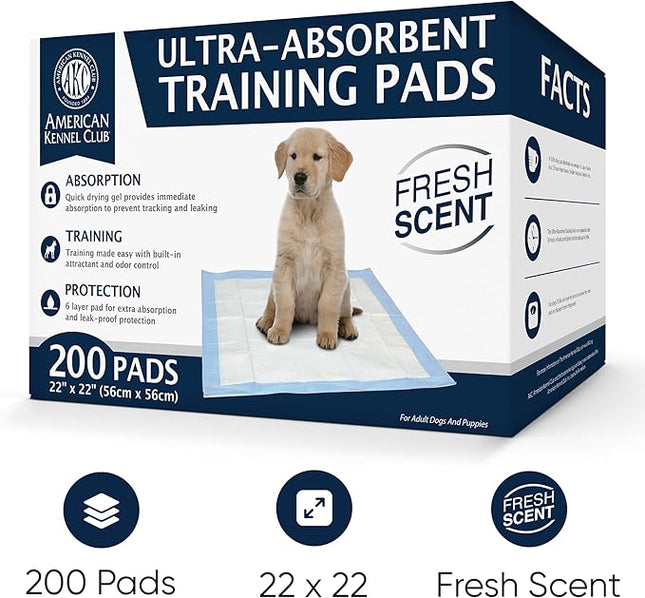 American Kennel Club Ultra Absorbent Odor Control Scented Training Pads for Dogs Leak-Proof Quick Dry Gel – 22 x 22 Puppy Pads - Fresh Scented - 200 Count